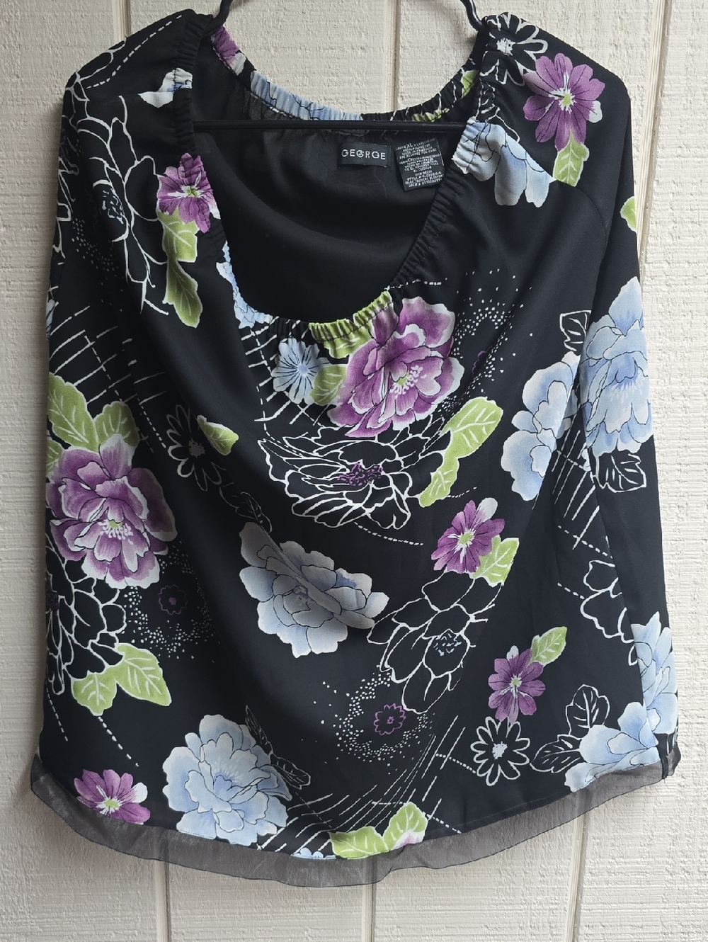 George Black Floral Scoop Neck Top with Purple & Light Blue Blooms